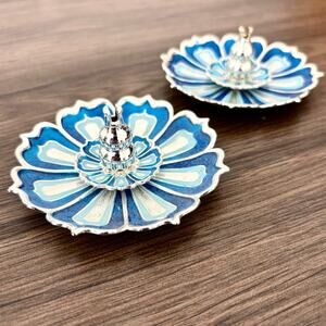 Lotus Shape Incense Holder with Incense Stick Burner Tray Silver Blue (2 Pack)